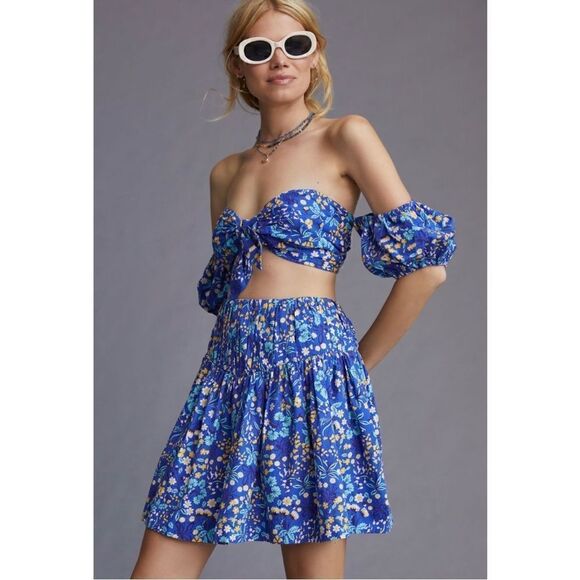 NEW Anthropologie Maeve Blue Floral Off-Shoulder Crop Top & Mini Skirt XX-Small - Picture 2 of 4